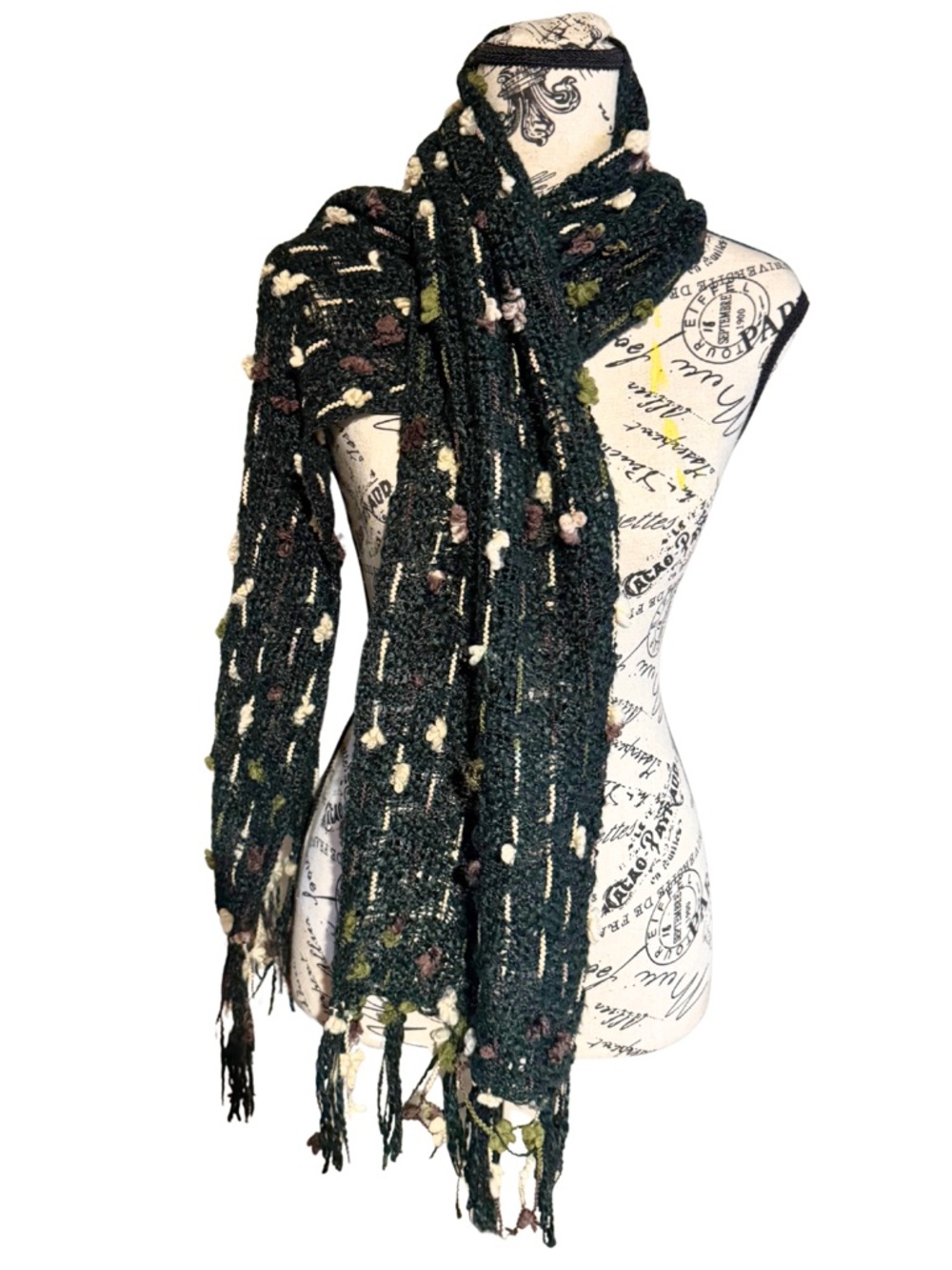 Hand Knit Scarf Dark Green Textured Fringe Boho Maximalist Cottagecore Unique